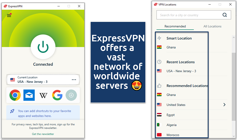 A screenshot of ExpressVPN app and servers