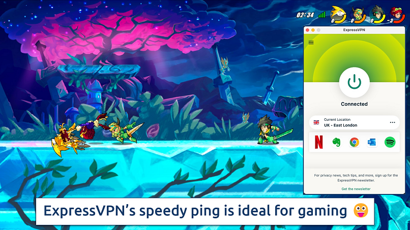 Screenshot showing the ExpressVPN app over a Brawlhalla game on Steam