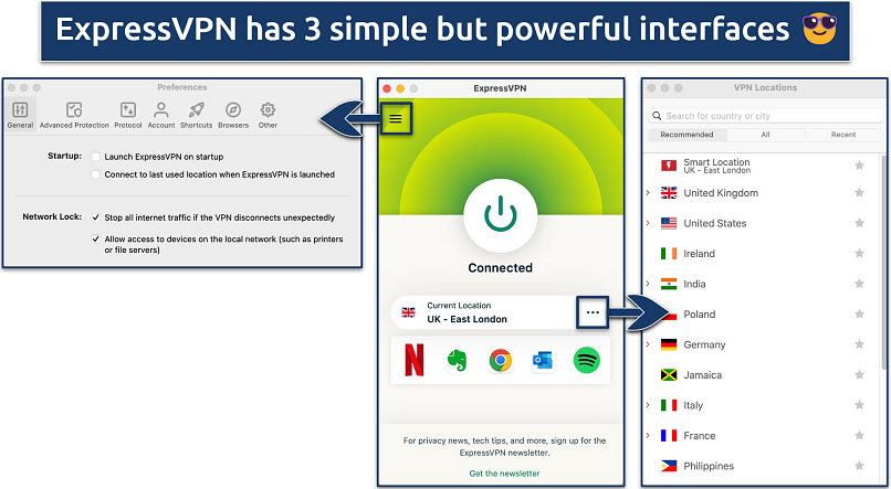 Screenshot showing the 3 main views of the ExpressVPN app