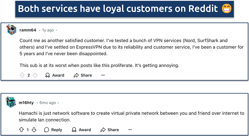 Screenshot showing positive Reddit feedback for ExpressVPN and Hamachi