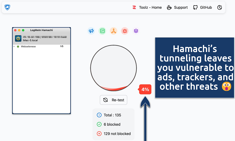 Screenshot showing the Hamachi app over an ad block test tool