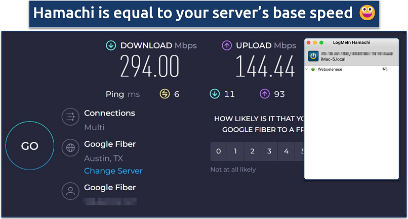 Screenshot showing the Hamachi app over an online speed test tool