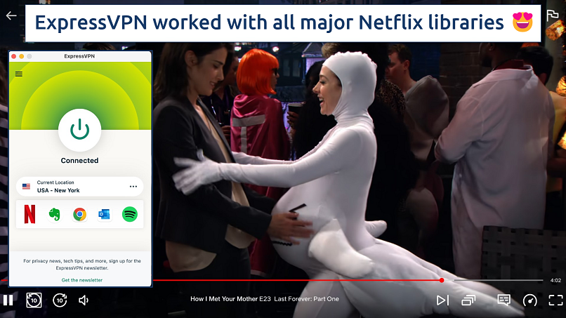 Screenshot showing the ExpressVPN app connected to a US server while streaming Netflix on a browser window