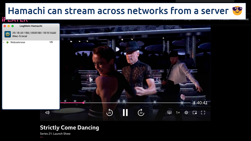 Screenshot showing the Hamachi app on a server over a browser streaming iPlayer