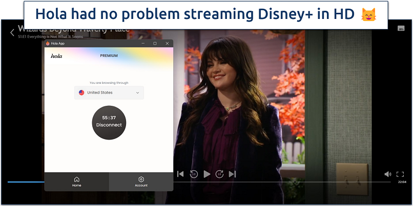 Screenshot of Disney+ streaming with Hola VPN connected