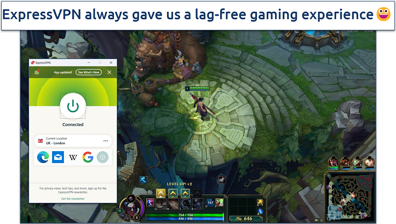 Screenshot of League of Legends gameplay with Expressvpn connected