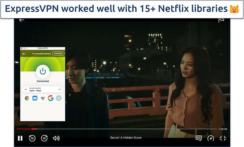 Screenshot of Secret: A Hidden Score streaming on Netflix Japan with ExpressVPN connected