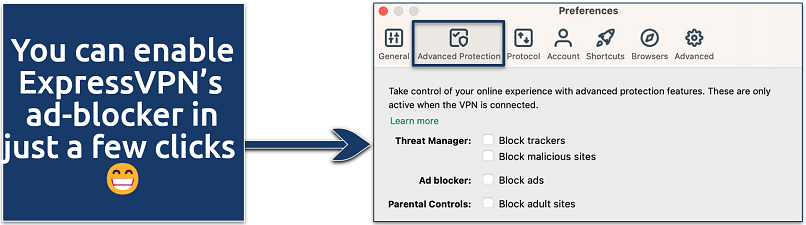 Screenshot showing how to enable ExpressVPN's Advanced Protection