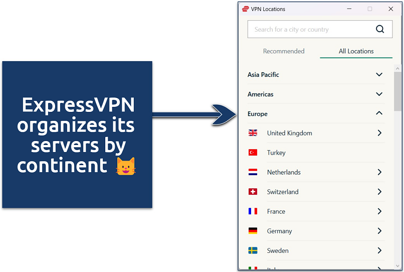 Screenshot of ExpressVPN's server list