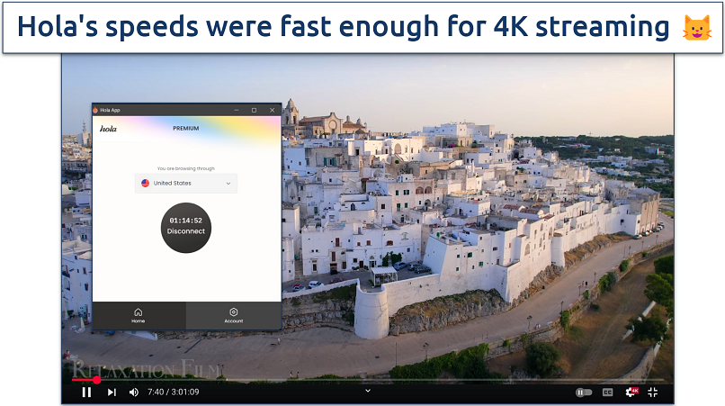 Screenshot of 4K streaming on YouTube with Hola connected