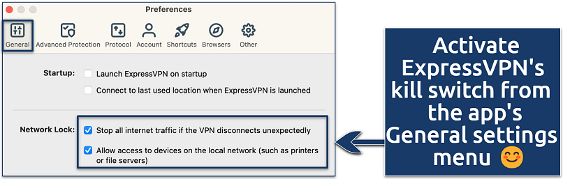 Screenshot showing how to activate ExpressVPN's kill switch