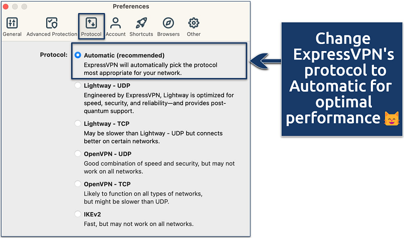 Screenshot showing how to change protocol in ExpressVPN