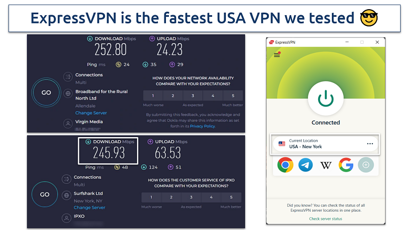 Screenshot showing ExpressVPN speeds on the New York server