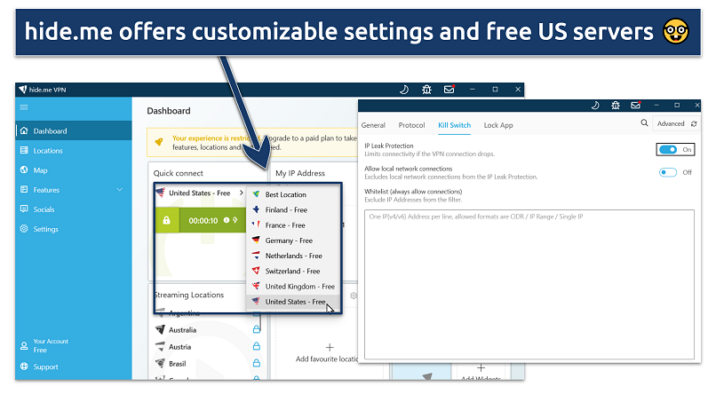 Screenshot showing free USA servers in the hide.me VPN app