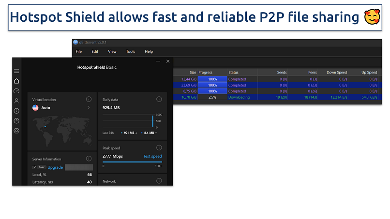 Screenshot showing downloading torrents via Hotspot Shield