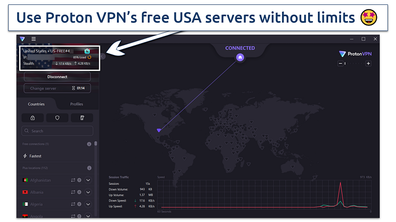 Screenshot showing free Proton VPN's USA servers