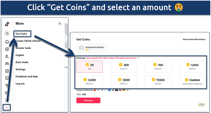 A screenshot showing how to access TikTok's Coin purchase screen