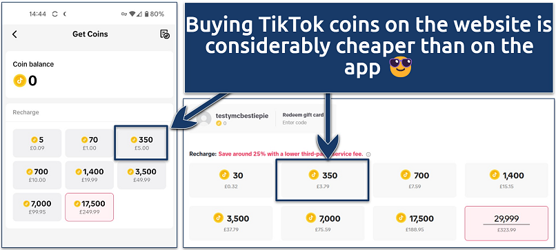 A screenshot showing the price difference in TikTok coins between the Android app and the website