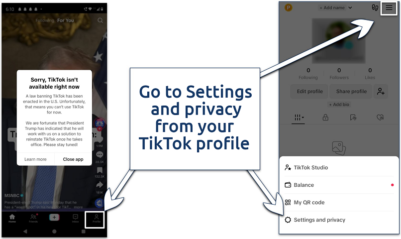 Screenshots of the TikTok app interface with the steps to go to the 