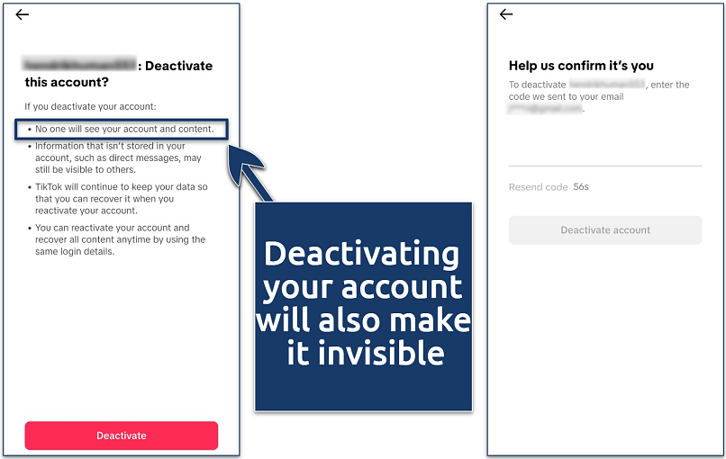 Screenshots of the TikTok account deletion menu disclaimers