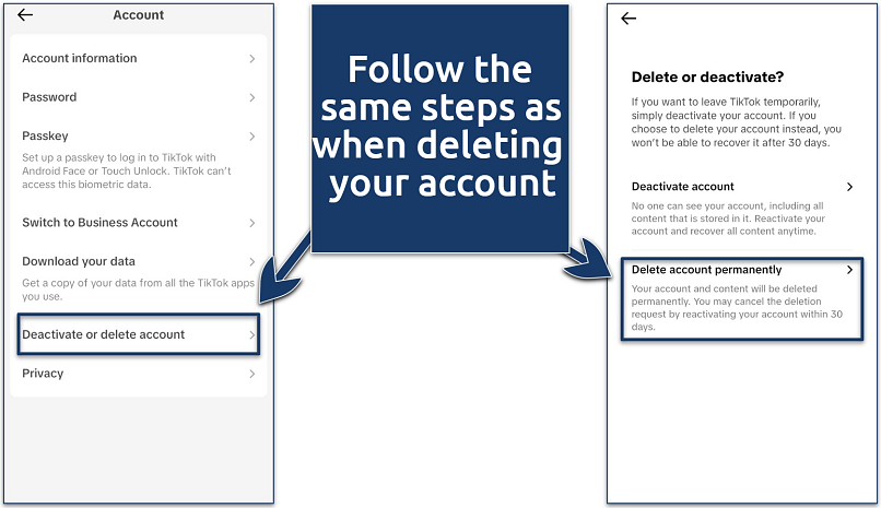 Screenshots of the TikTok app account deactivation proces