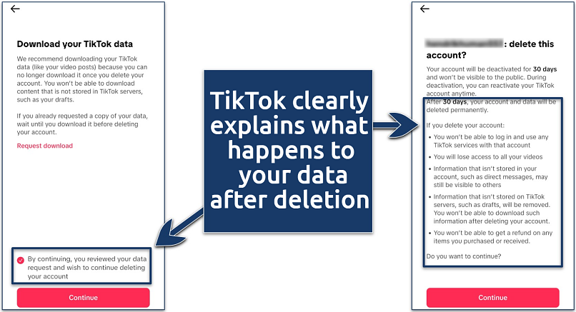 Screenshots of the TikTok account deletion menu disclaimers