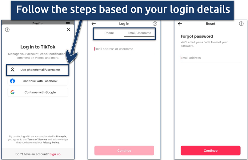 Screenshot of TikTok app interface with the Log in procedure for missing account details