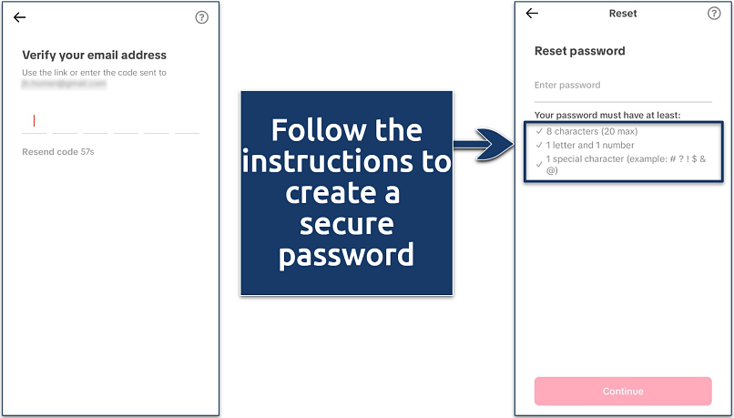 Screenshot of TikTok app password reset procedure with the verification step and password requirements