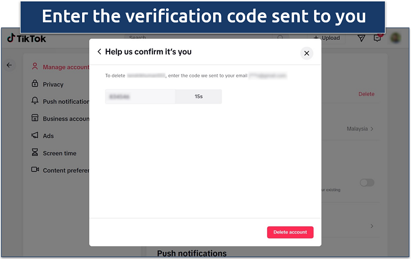 Screenshot of TikTok website interface with the final verification step before deleting your account