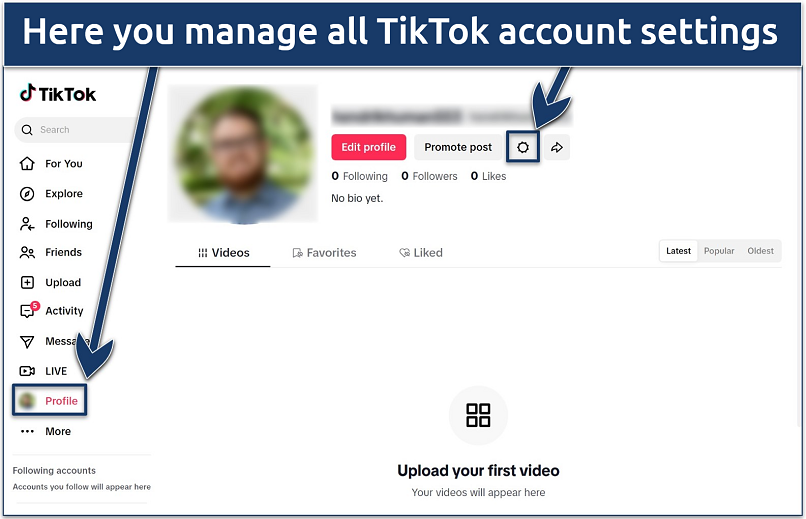 Screenshot of the TikTok website profile interface with the settings options