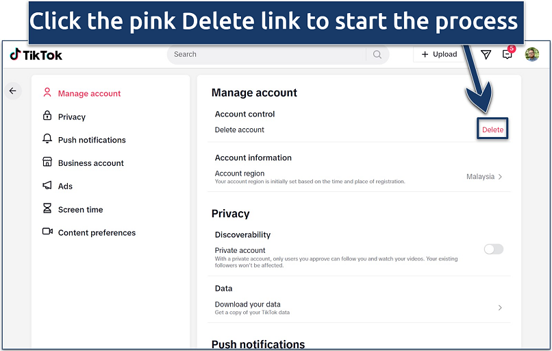 Screenshot of TikTok website interface with the Delete option in the Manage account settings