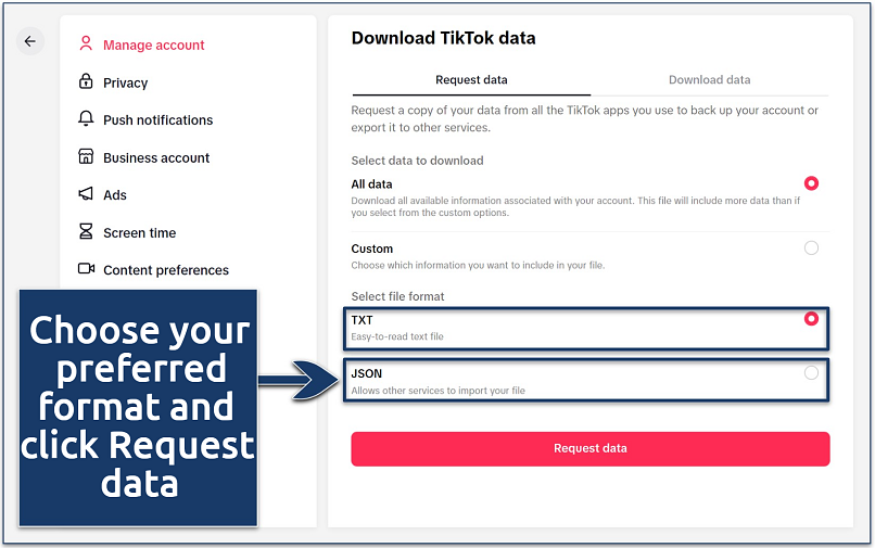 Screenshot of the Download TikTok data page