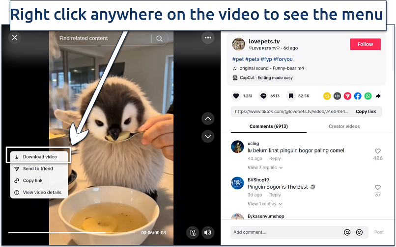 Screenshot of a video on TikTok with the right click dropdown menu to download a video