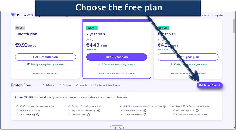 Screenshot of Proton VPN's pricing page