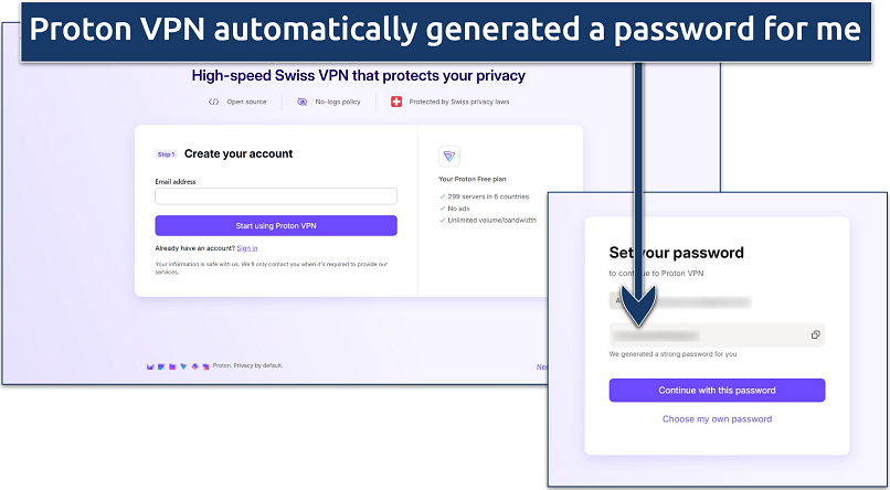 Screenshots of Proton VPN's registration process