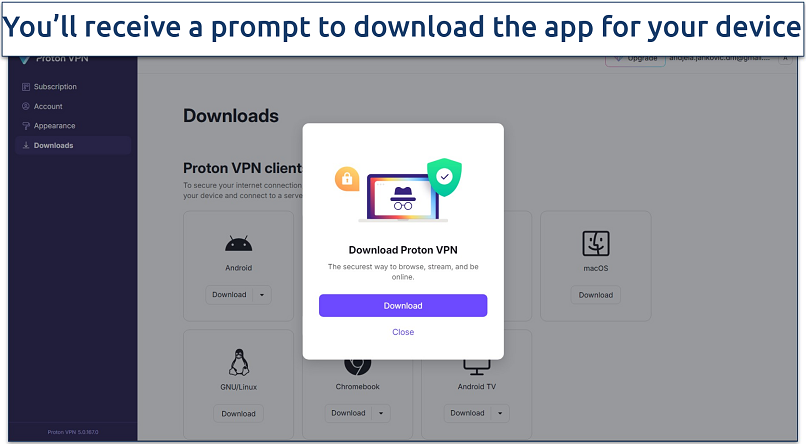 Screenshot of Proton VPN's account dashboard with download links for all supported devices