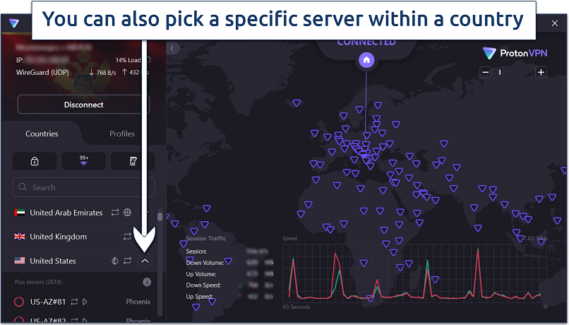 Screenshot of a Proton VPN Plus Windows app connected to a server