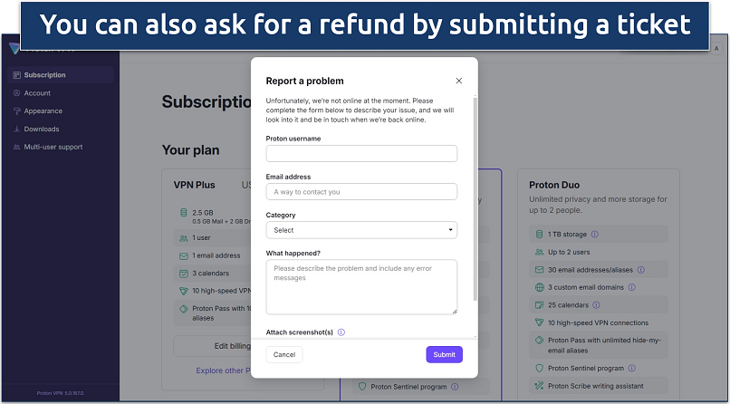 Screenshot of Proton VPN's support ticket form