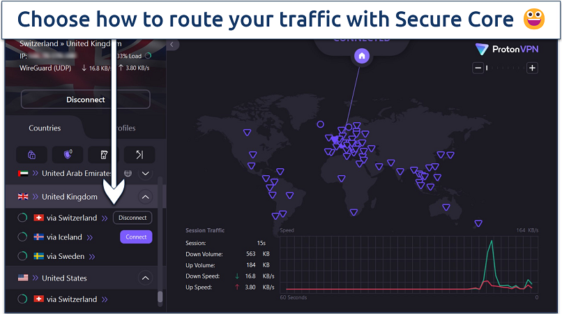 Screenshot of ProtonVPN's Secure Core server options on Windows