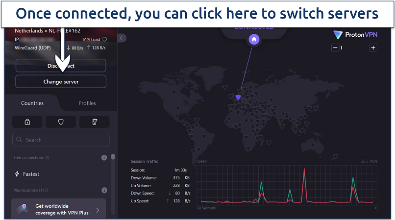 Screenshot of Proton VPN's free Windows app connected to a server in the Netherlands