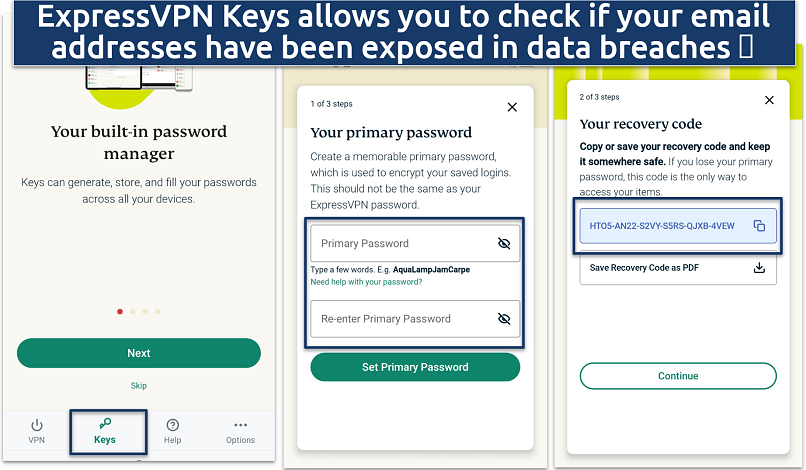 A screenshot of the ExpressVPN Keys feature on the mobile app