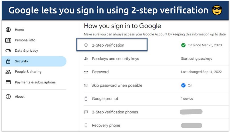 Screenshot of the google account 2-step verification feature