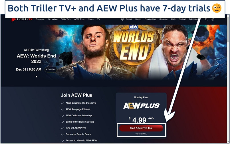 Screenshot of the Triller TV AEW Plus subscription web page