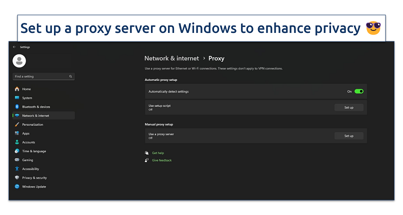 Screenshot of Proxy settings on Windows