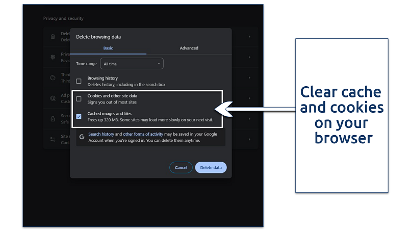 Screenshot of deleting cache and cookies on Chrome