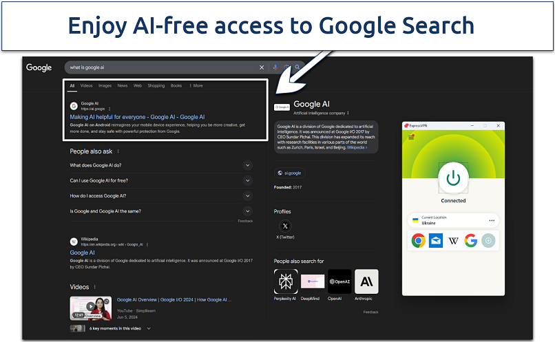 A screenshot showing ExpressVPN's helping avoid Google AI features