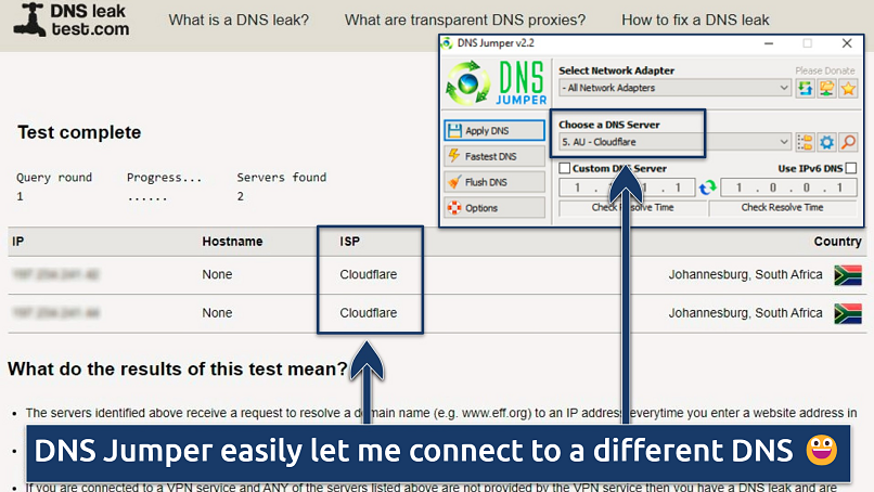 Screenshot showing the DNS Jumper interface