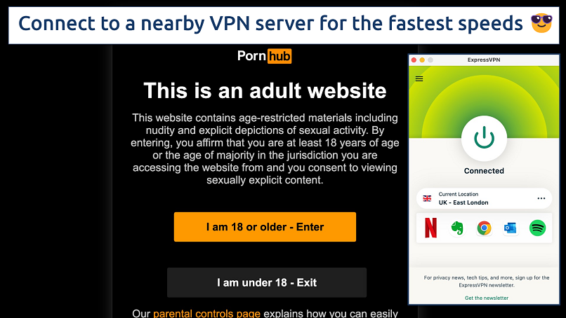 Screenshot showing the ExpressVPN app connected to a UK server over the PornHub homepage