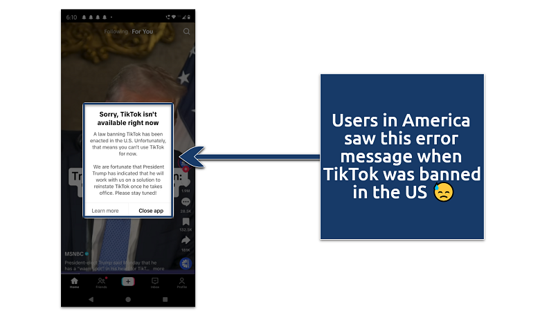  Screenshot of the TikTok app being unavailable in the US