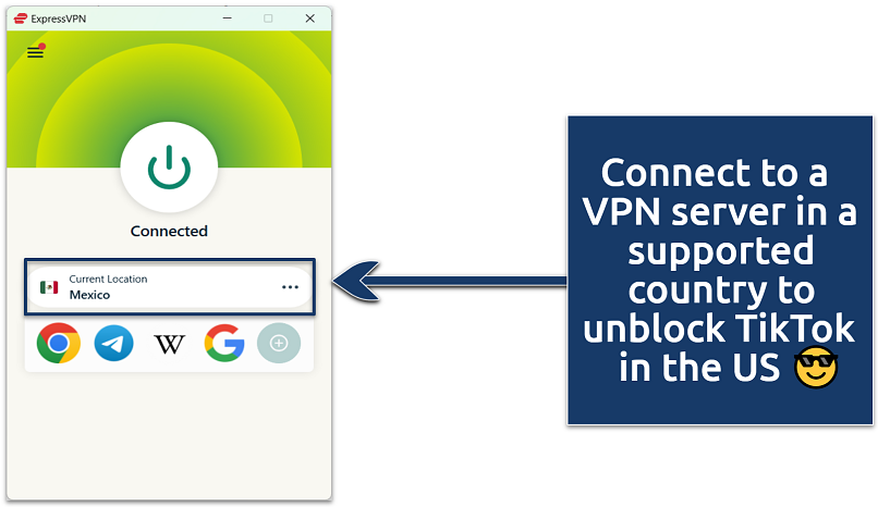 Screenshot showing ExpressVPN connected to a Mexico server